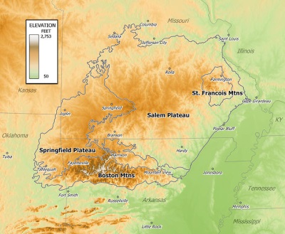 Elevation map of the Ozarks.