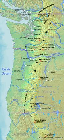 Map of the Cascade Range showing major volcanic peaks